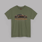 Military green t-shirt with a car graphic and text on a gray background