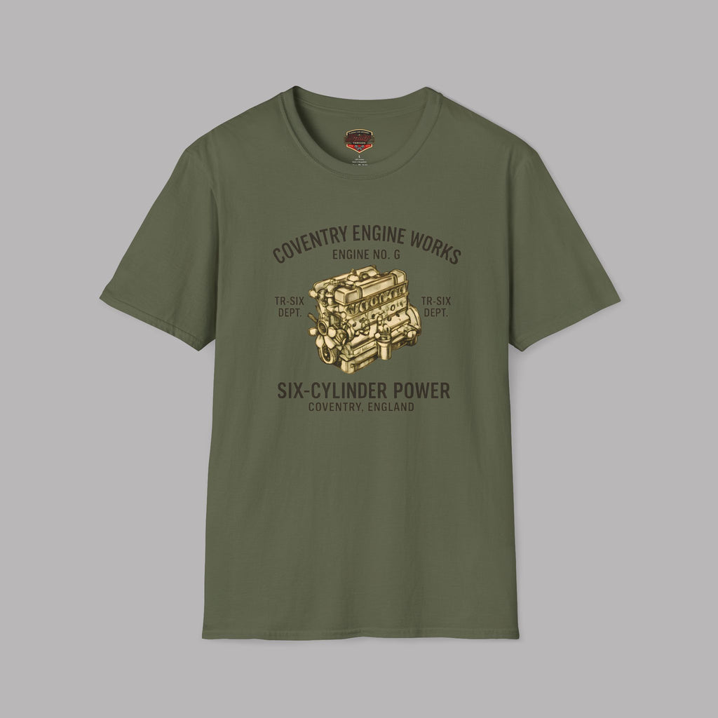 Military green t-shirt with coventry engine graphic and text on a gray background