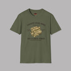 Military green t-shirt with coventry engine graphic and text on a gray background