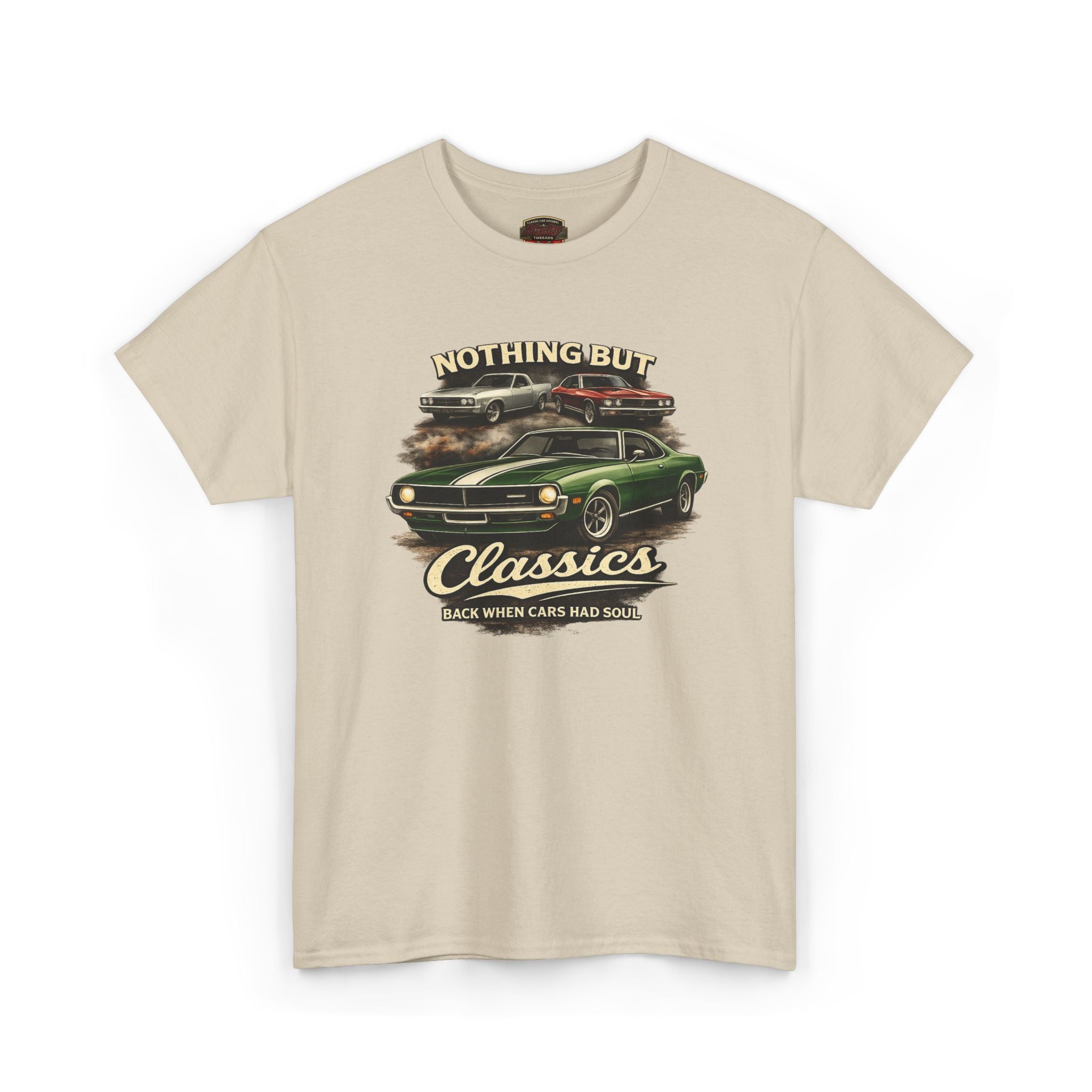 Sand t-shirt with classic car graphic and text on a white background