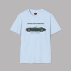 Light blue t-shirt with a green classic car graphic and text on a gray background