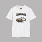 White t-shirt with a car graphic and text on a gray background