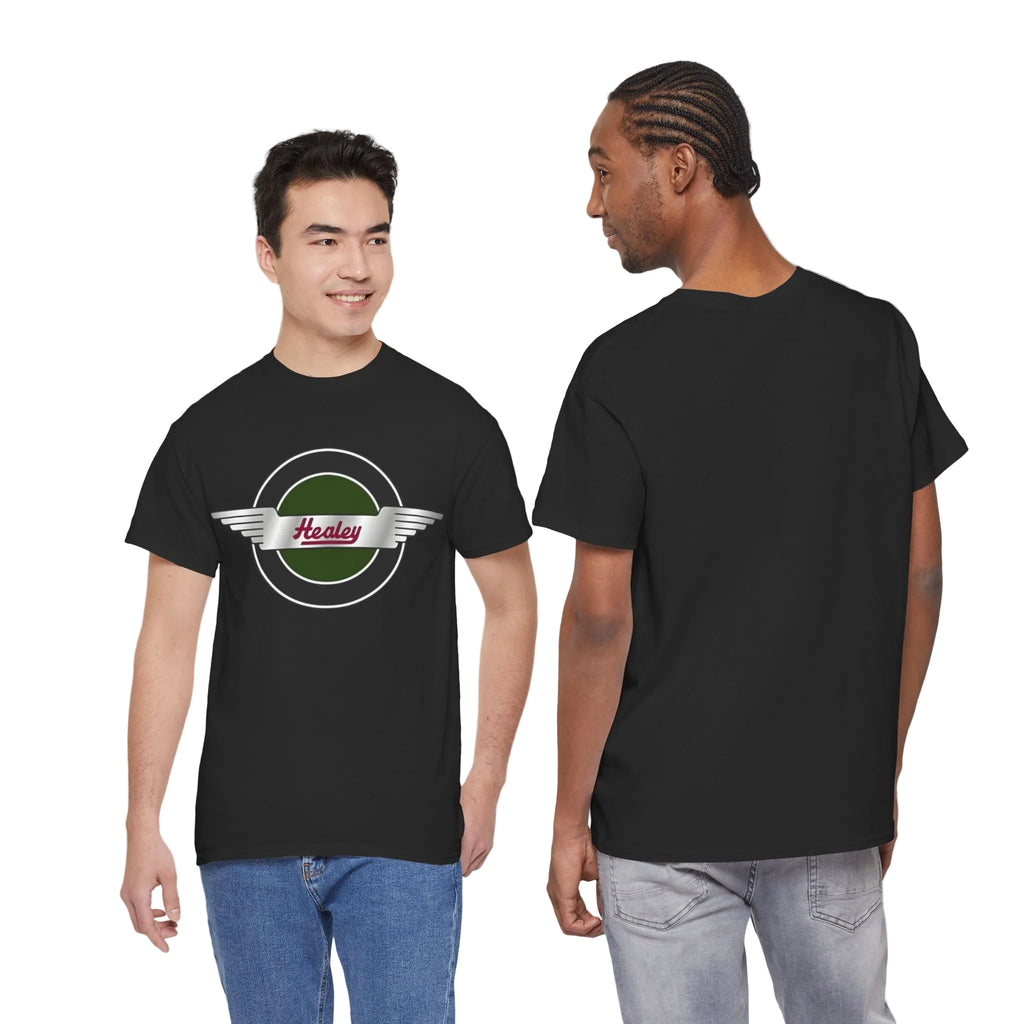 Black t-shirt with a Healey logo worn by two models on a white background
