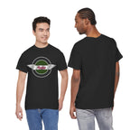 Black t-shirt with a Healey logo worn by two models on a white background