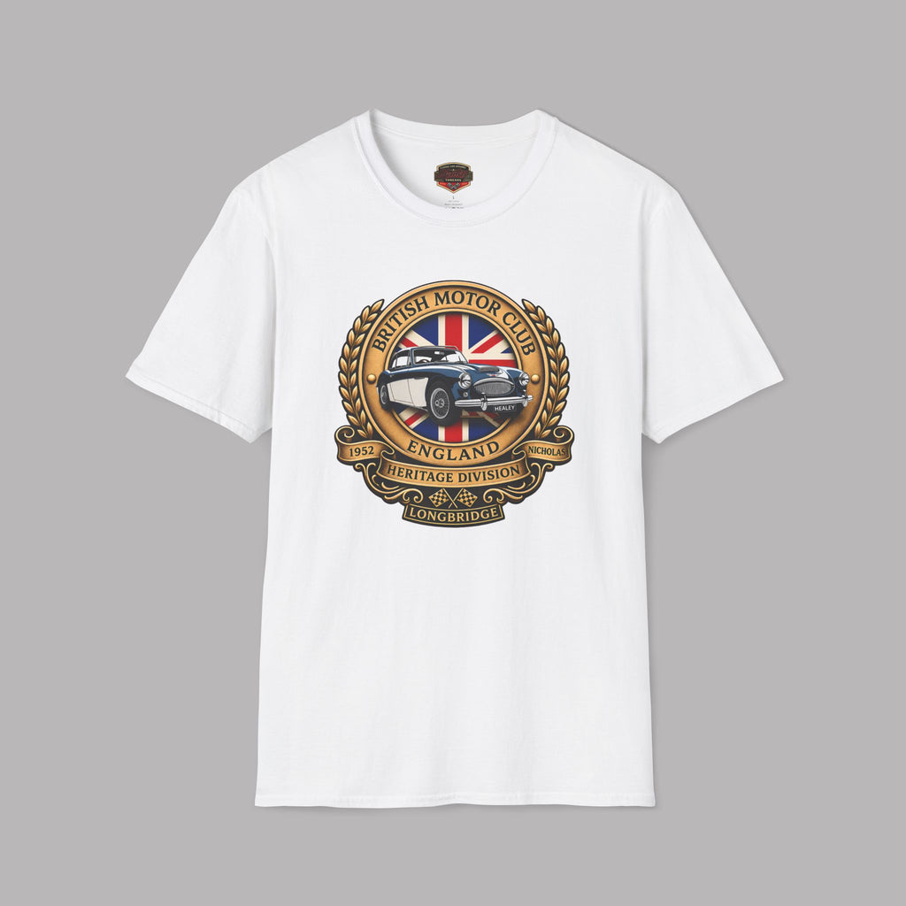 White t-shirt with a British Motor Club logo on a gray background