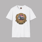 White t-shirt with a British Motor Club logo on a gray background