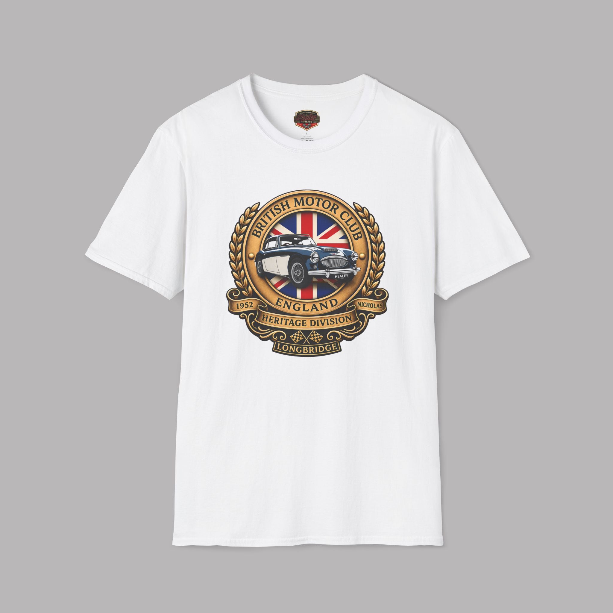 White t-shirt with a British Motor Club logo on a gray background