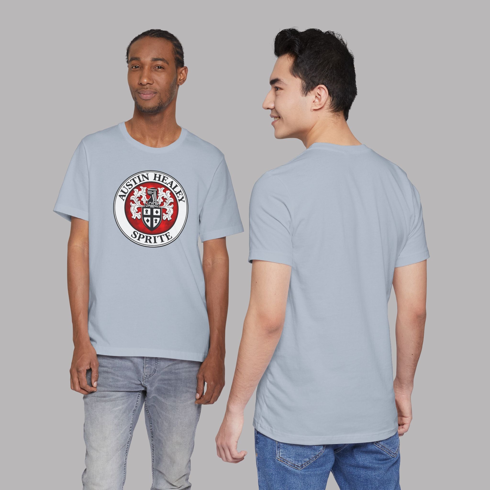 Two men wearing a light blue t-shirt with a Austin Healey Sprite logo on a gray background