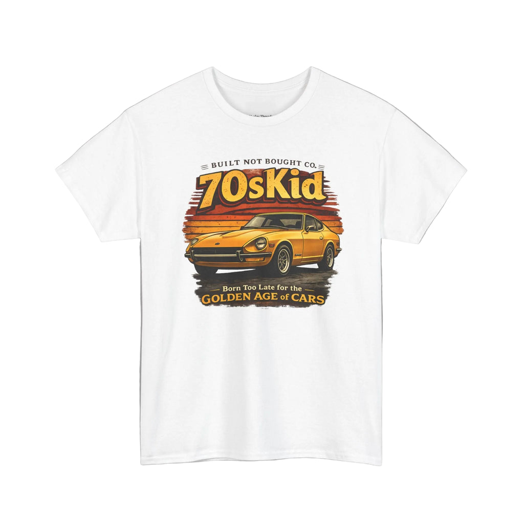 White t-shirt with a graphic of a car and text on a white background