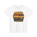 White t-shirt with a graphic of a car and text on a white background