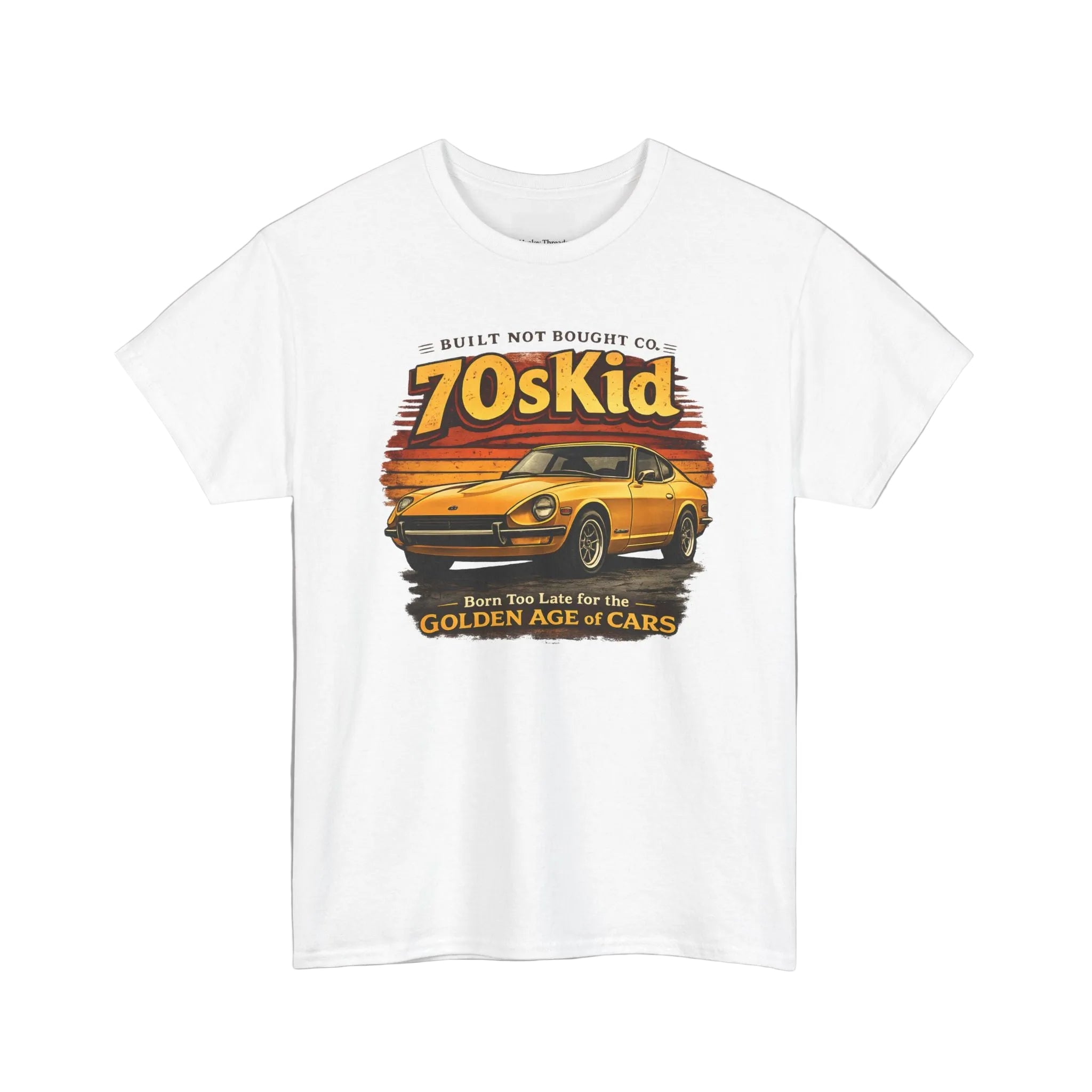 White t-shirt with a graphic of a car and text on a white background