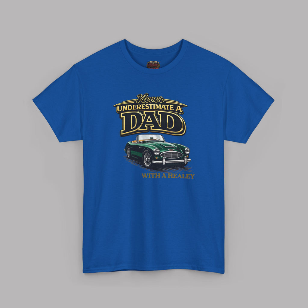 Royal blue t-shirt with graphic design and text on a gray background