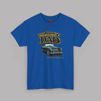 Royal blue t-shirt with graphic design and text on a gray background