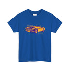 Blue t-shirt with a classic car graphic on a white background