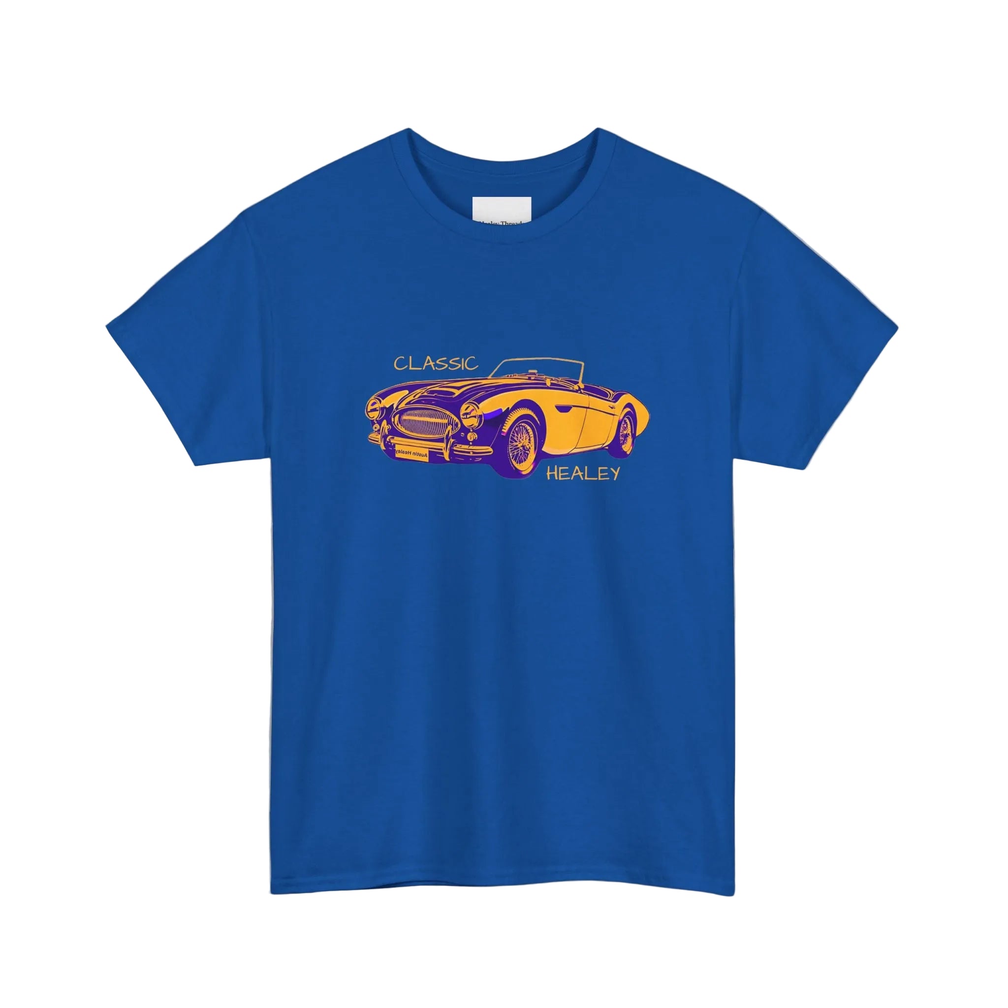Blue t-shirt with a classic car graphic on a white background