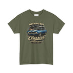 Military green t-shirt with a graphic of a classic car and text on a white background