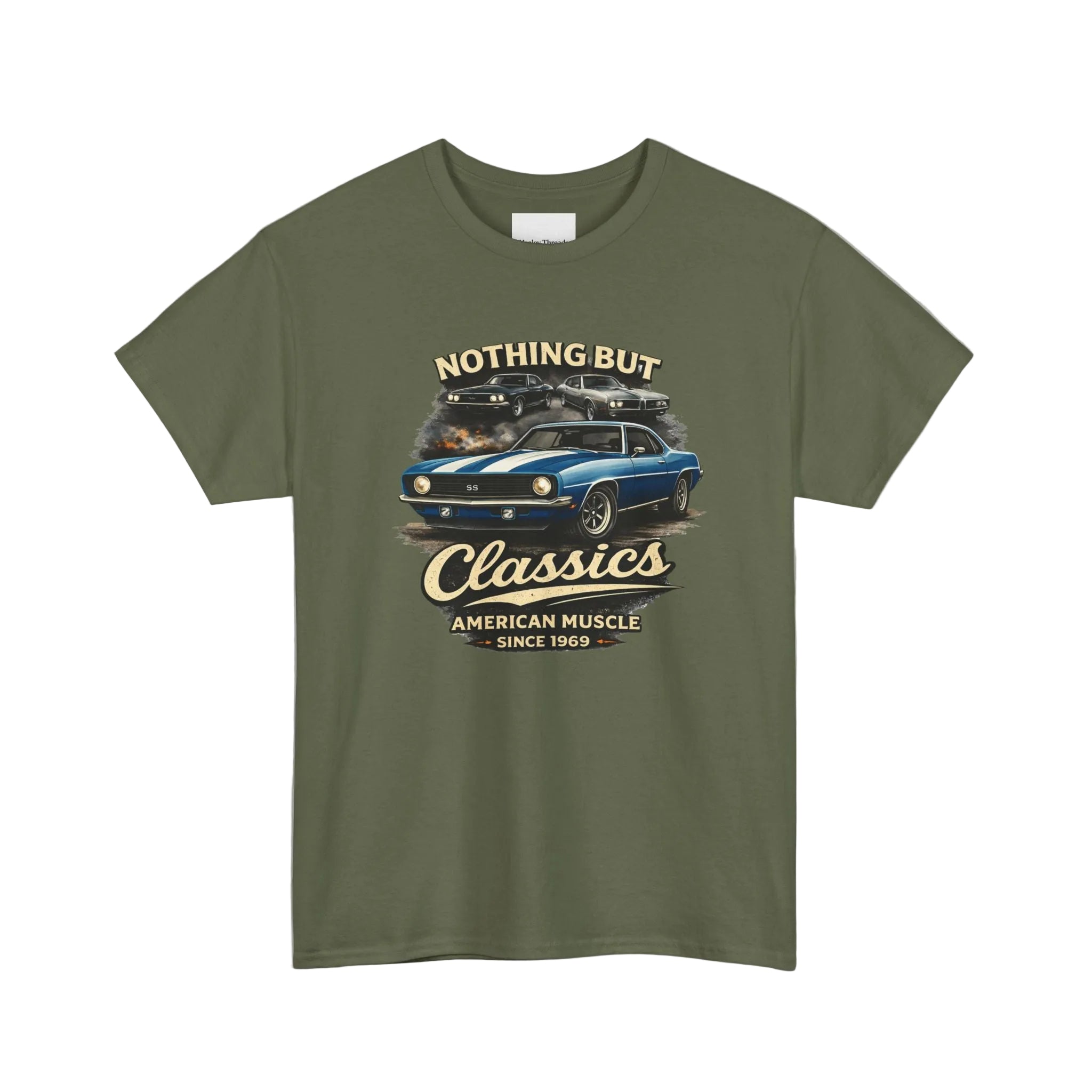 Military green t-shirt with a graphic of a classic car and text on a white background