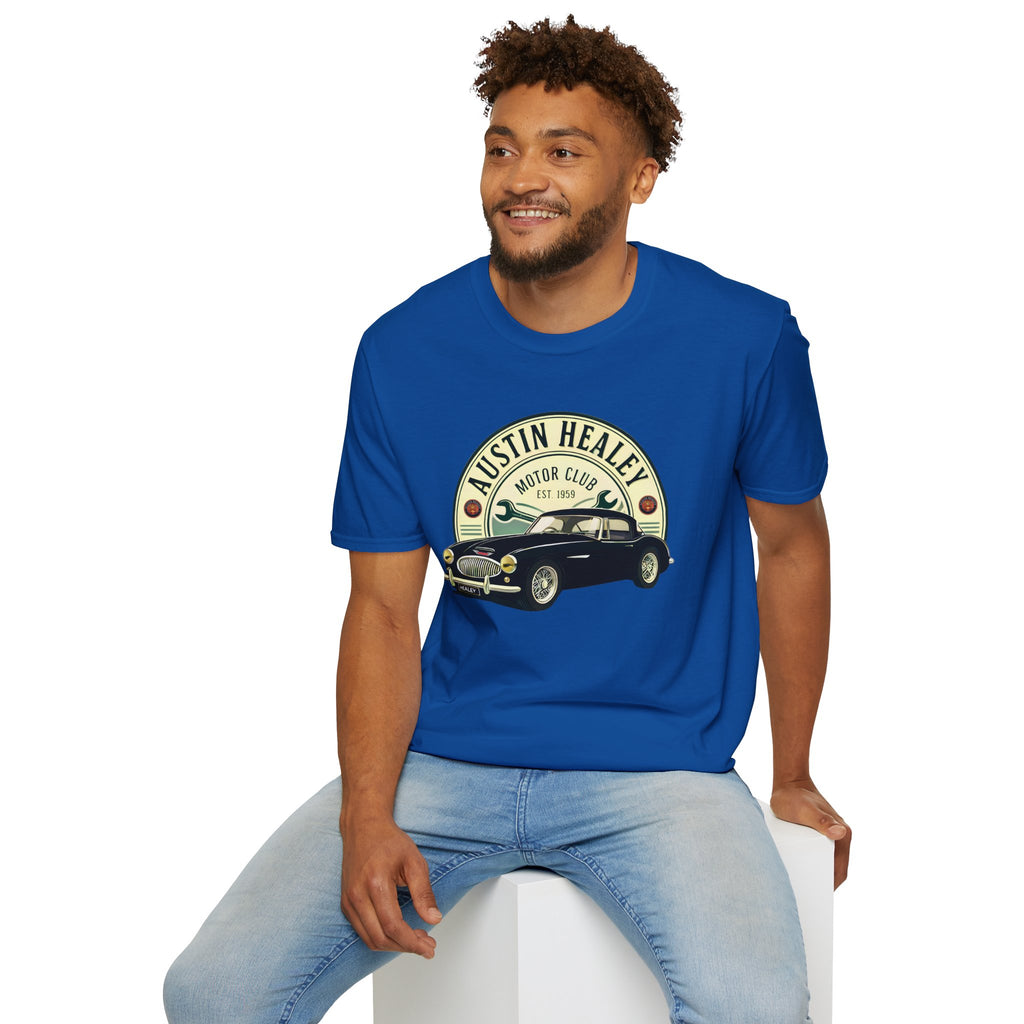 Man wearing a blue t-shirt with an Austin Healey graphic on a white background