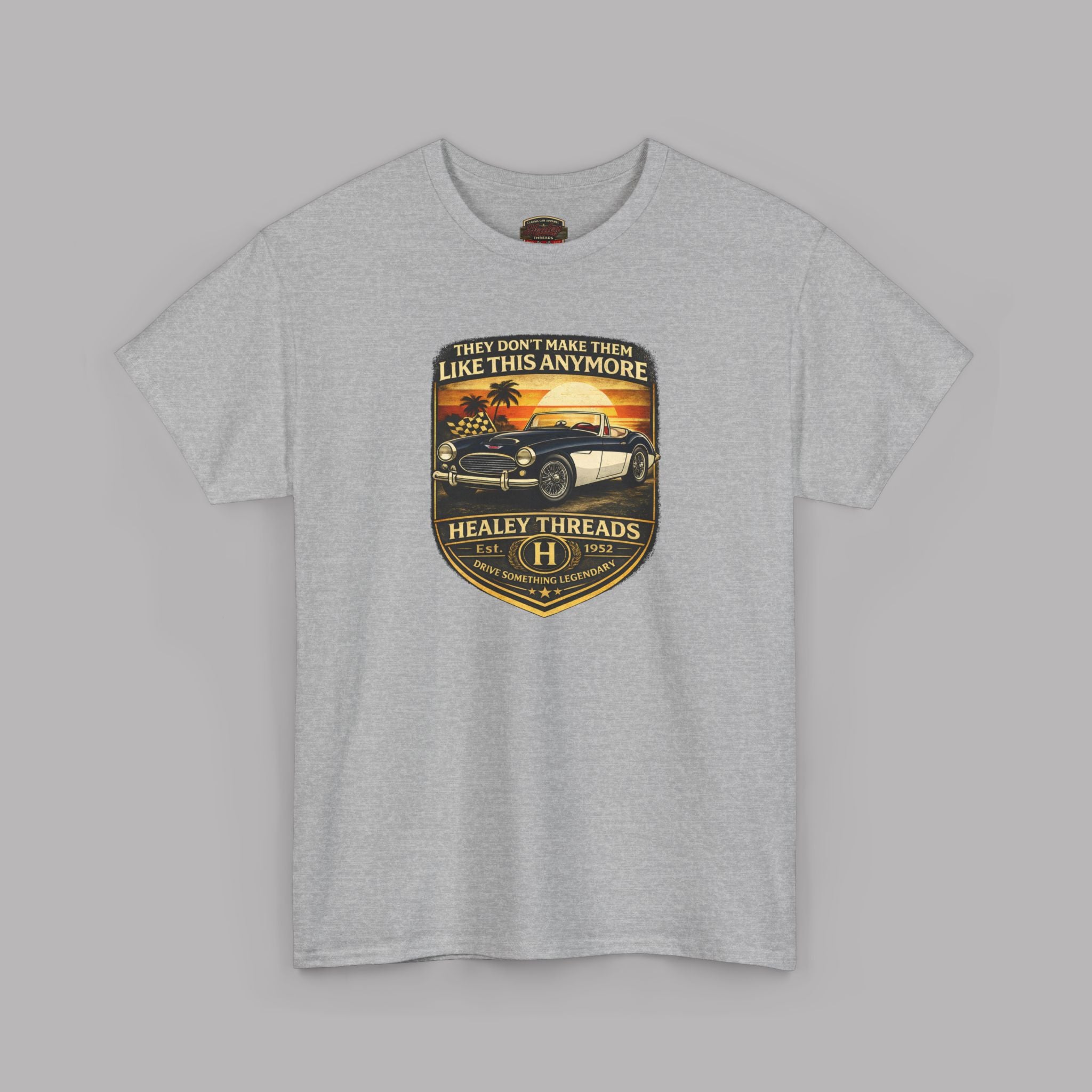 Sport gray t-shirt with a vintage car graphic and 'Healey Threads' text on a gray background