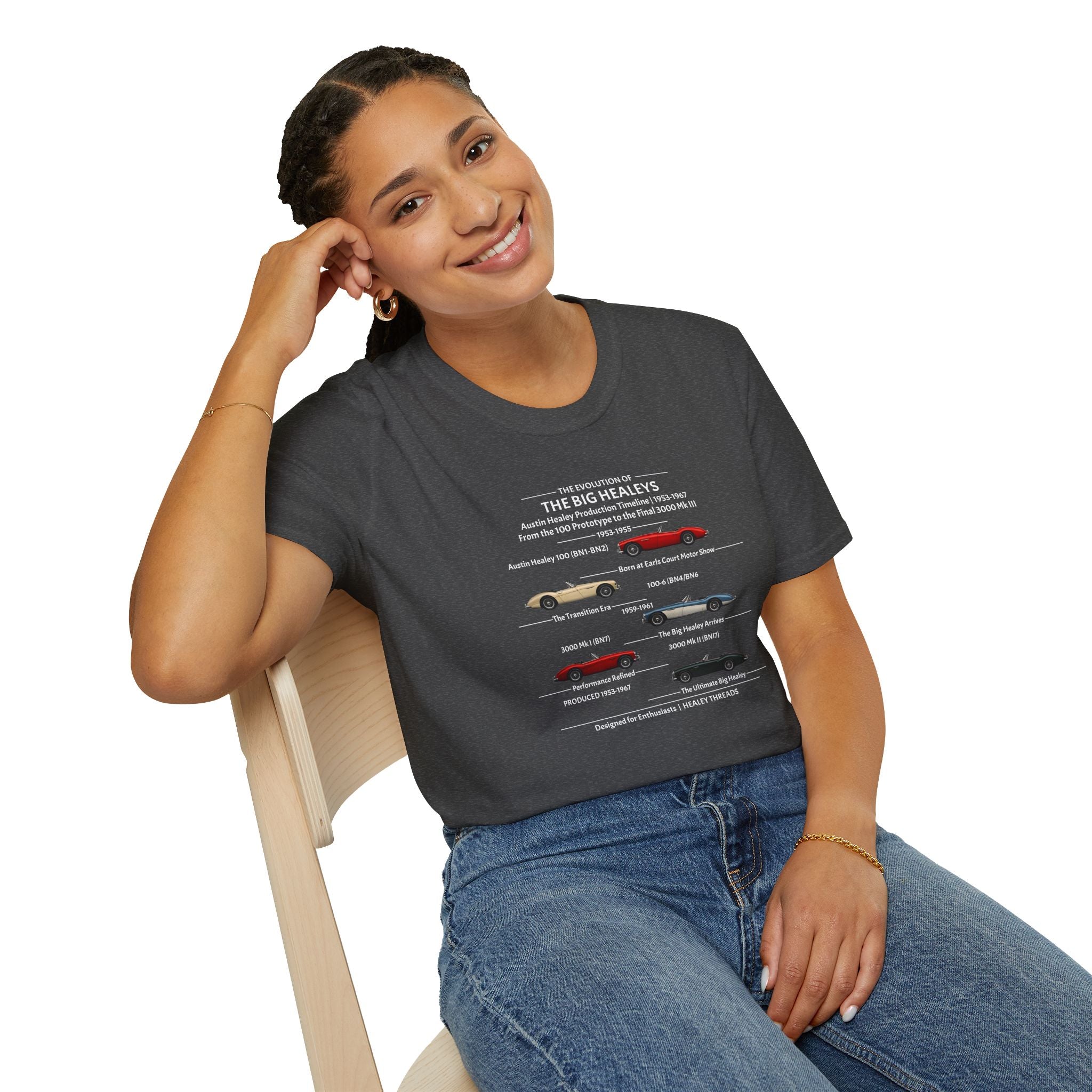 Girl wearing a gray t-shirt with a Healey timeline graphic design sitting on a chair.