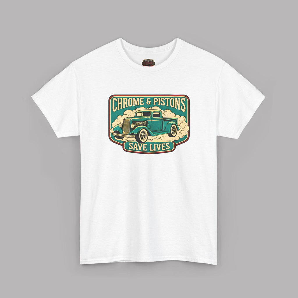 Chrome and Pistons T-Shirt – Vintage Hot Rod Graphic Tee