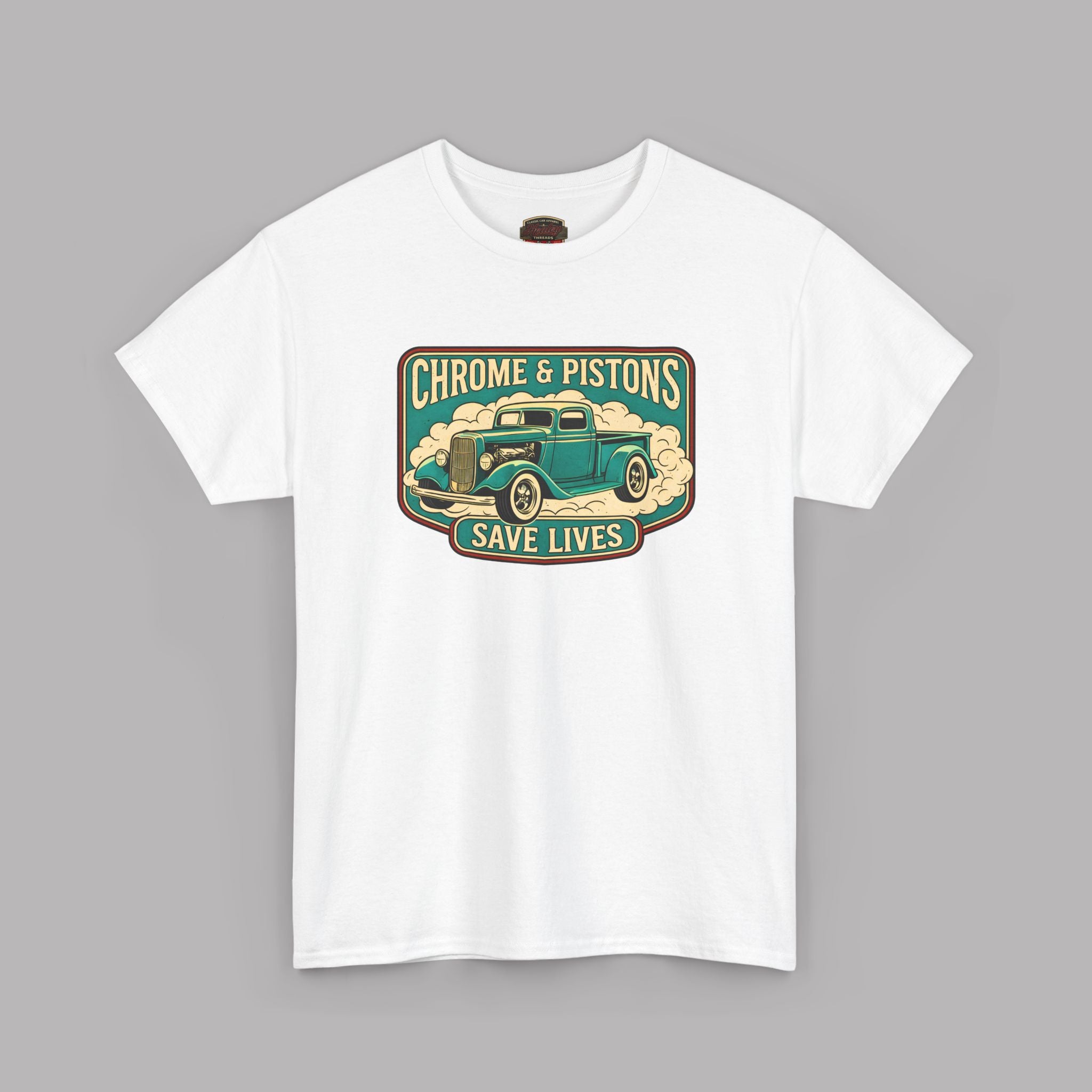 Chrome and Pistons T-Shirt – Vintage Hot Rod Graphic Tee