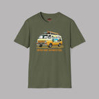 Military green t-shirt with a vintage van graphic on a gray background