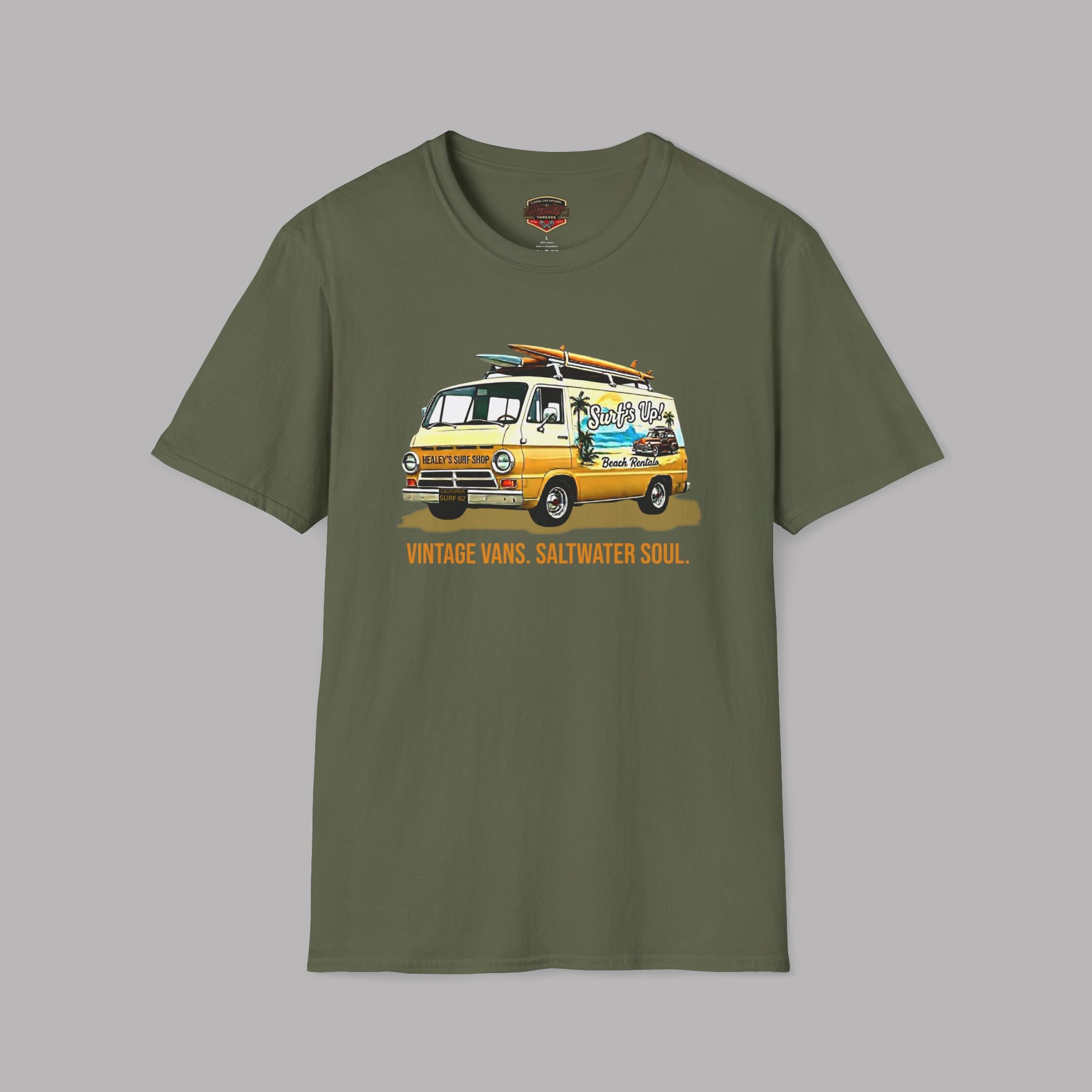 Military green t-shirt with a vintage van graphic on a gray background
