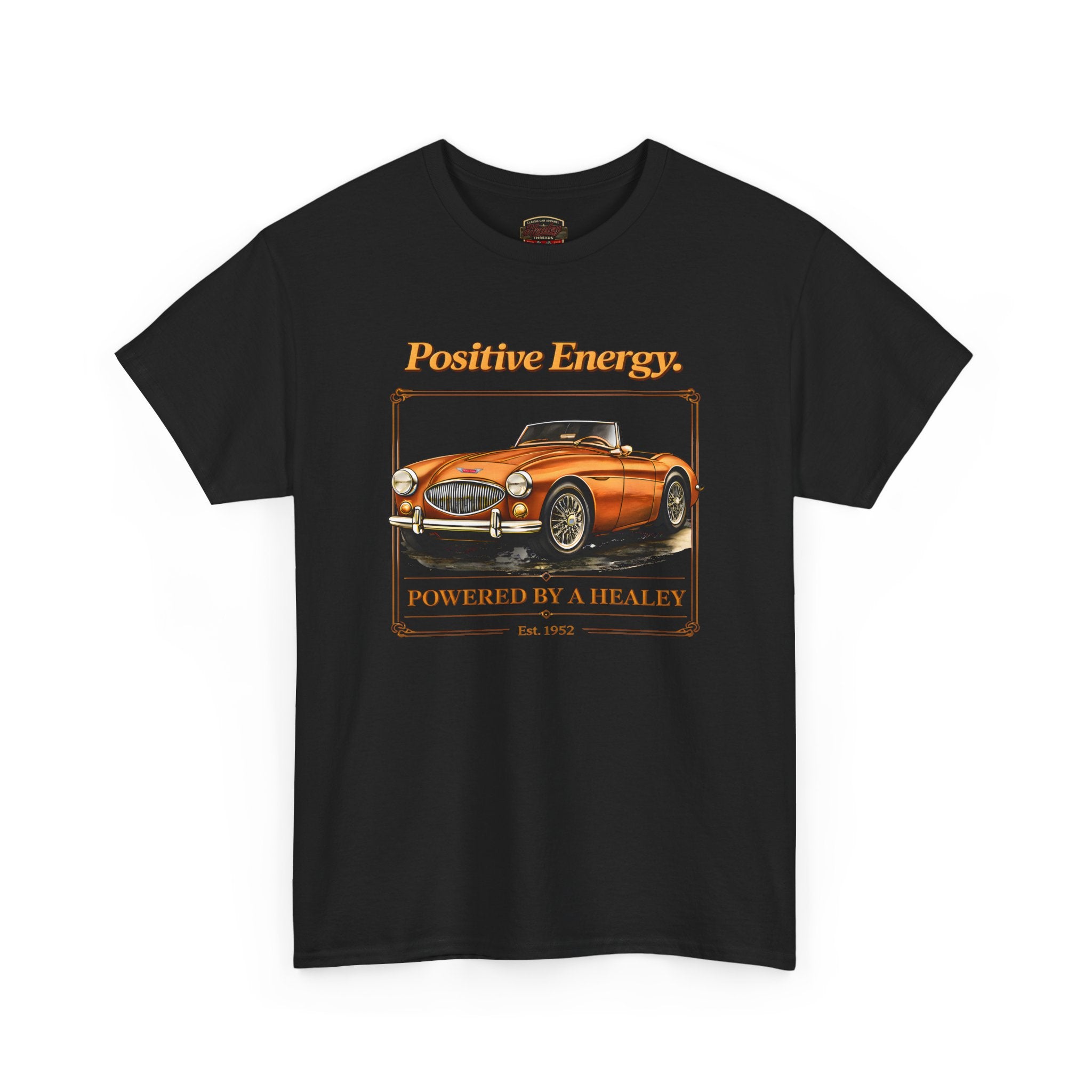 Black t-shirt with a vintage car graphic and 'Positive Energy' text on a white background