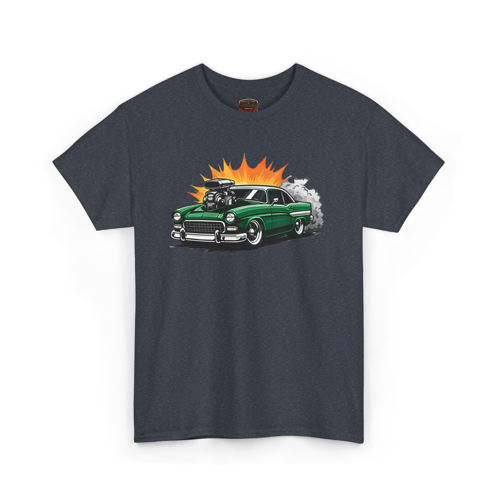 Dark Heather t-shirt with a green car graphic on a white background