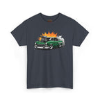Dark Heather t-shirt with a green car graphic on a white background