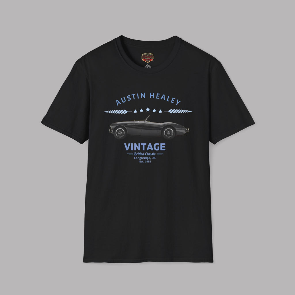 Black t-shirt with Austin Healey vintage car design on a gray background
