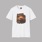 White t-shirt with 'American Muscle' graphic design featuring a car and sunset on a gray background