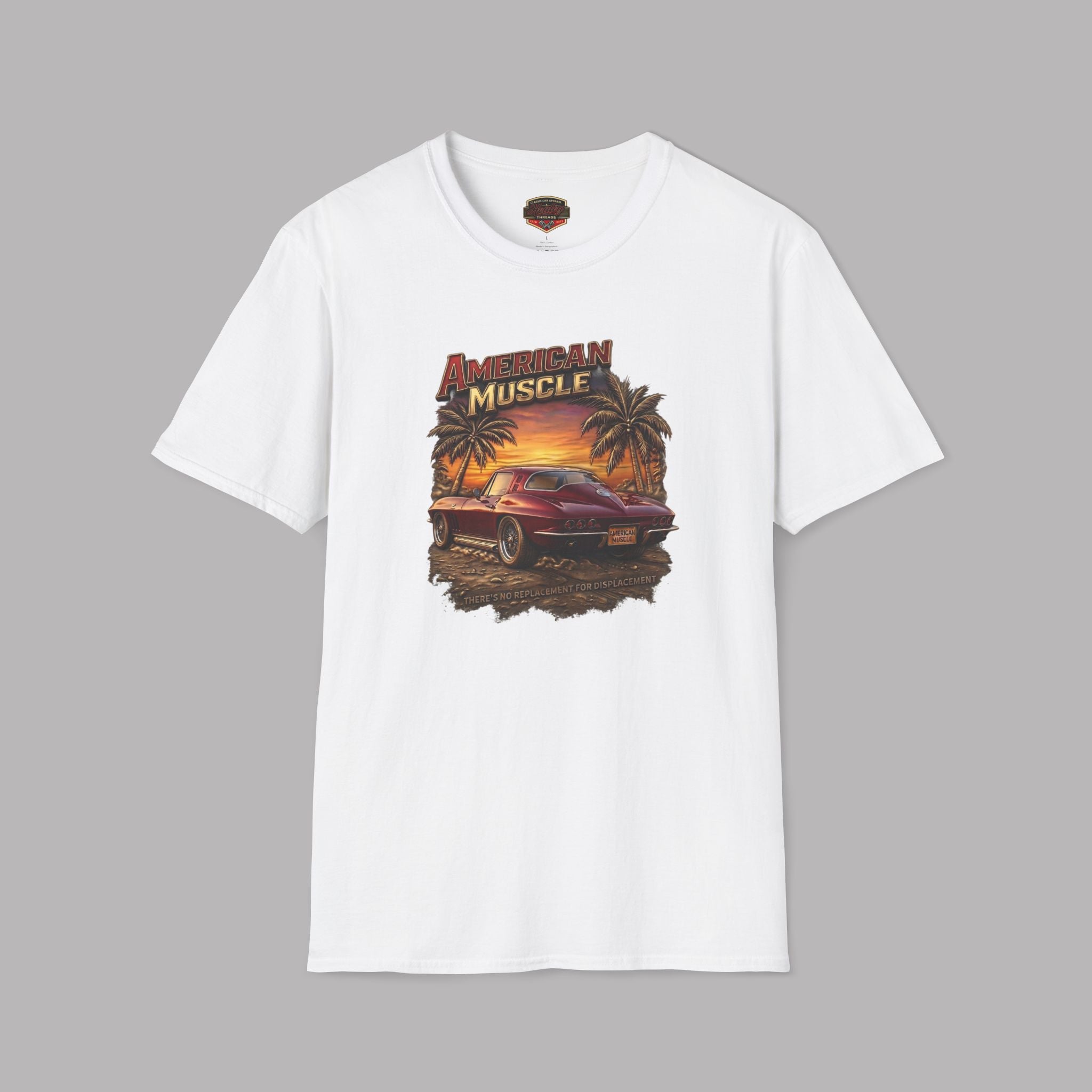 White t-shirt with 'American Muscle' graphic design featuring a car and sunset on a gray background