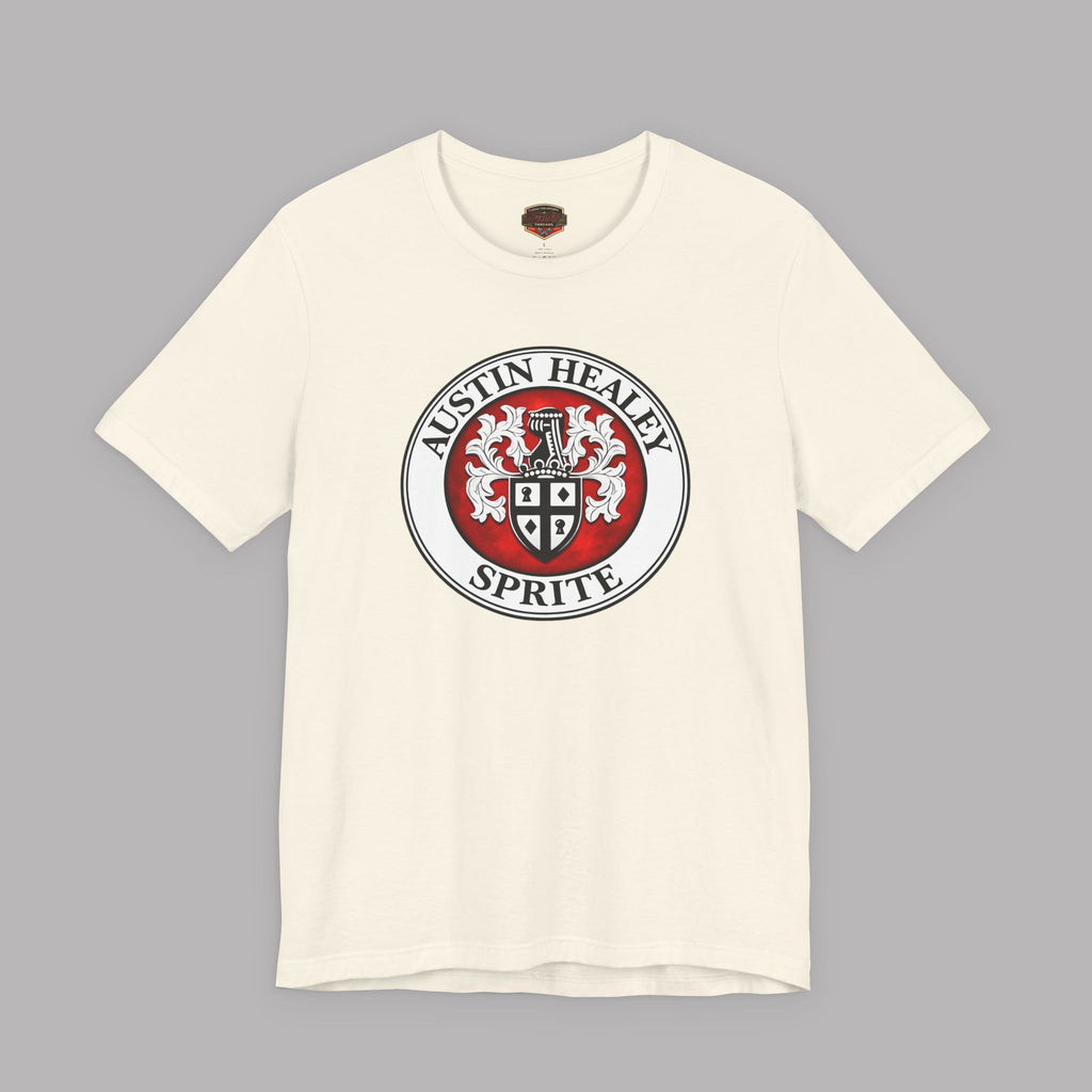 White t-shirt with Austin Healey Sprite logo on a gray background