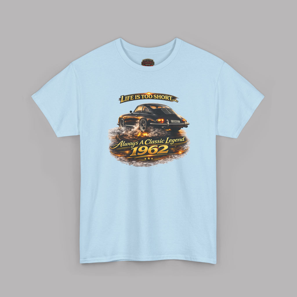 Light blue t-shirt with a graphic of a classic car and text on a gray background