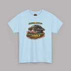 Light blue t-shirt with a graphic of a classic car and text on a gray background