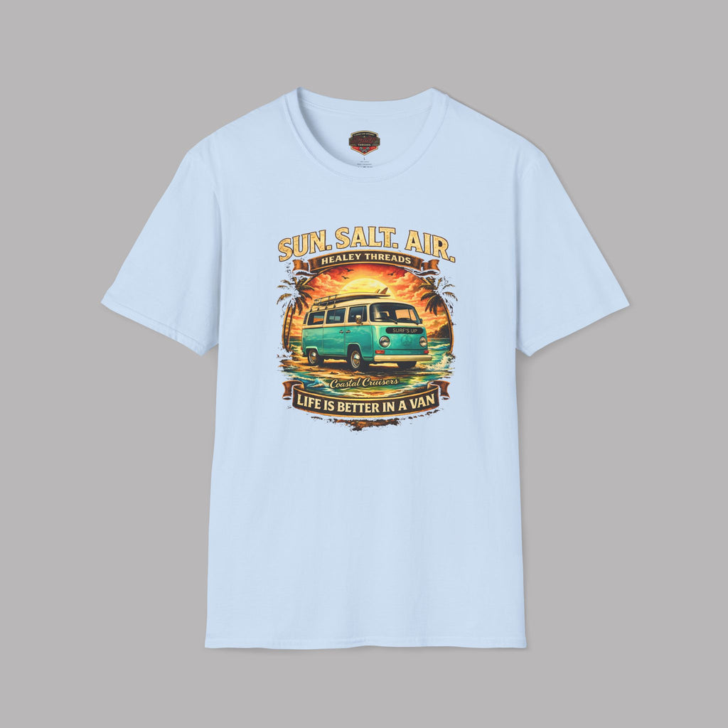 Light blue t-shirt with a graphic design of a van and text on a gray background
