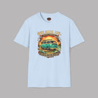 Light blue t-shirt with a graphic design of a van and text on a gray background