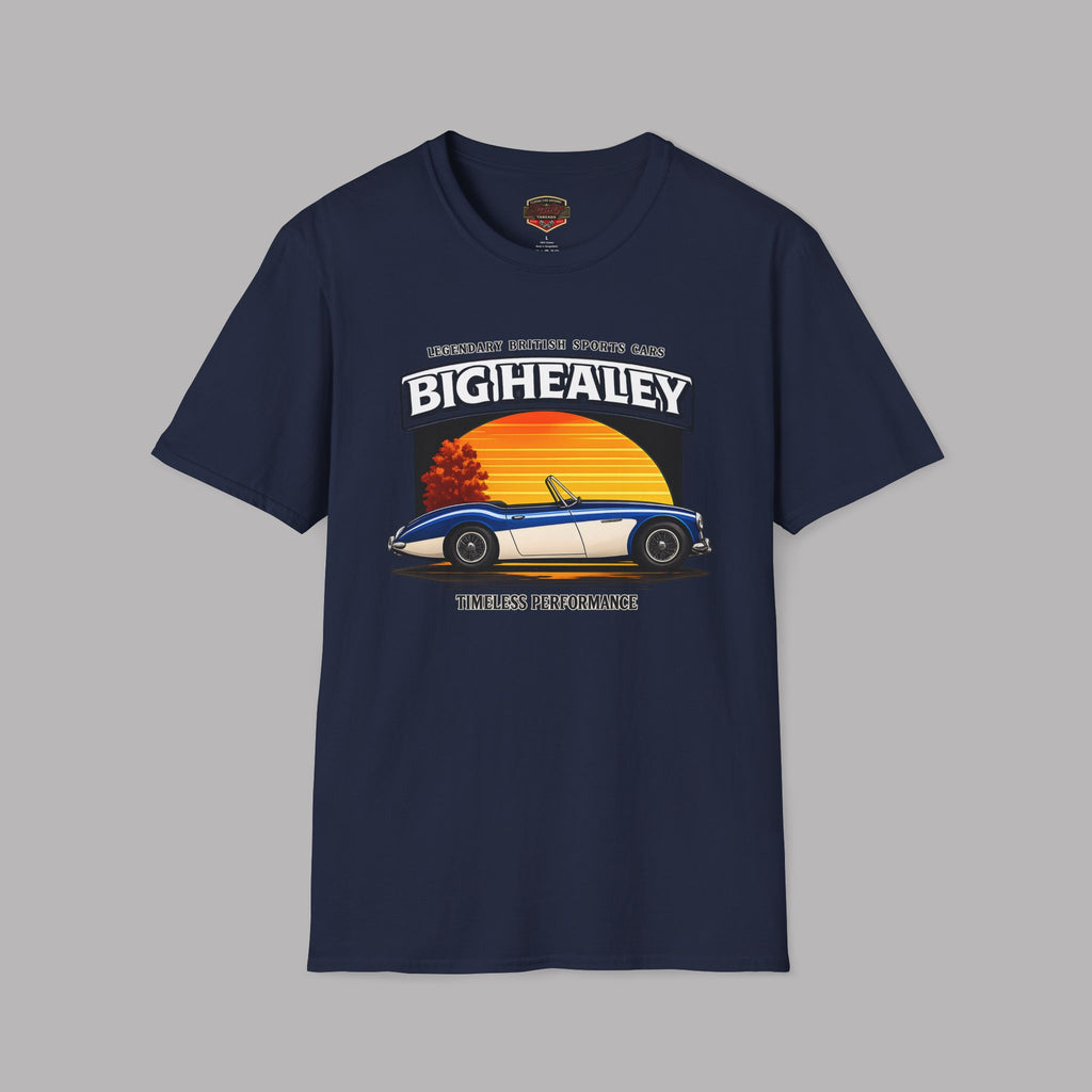 Big Healey graphic navy blue colored t-shirt featuring a blue and white Austin Healey roadster with retro sunset artwork and vintage British sports car typography by Healey Threads