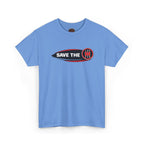 Carolina blue t-shirt with 'Save the stick shift' graphic design on a white background
