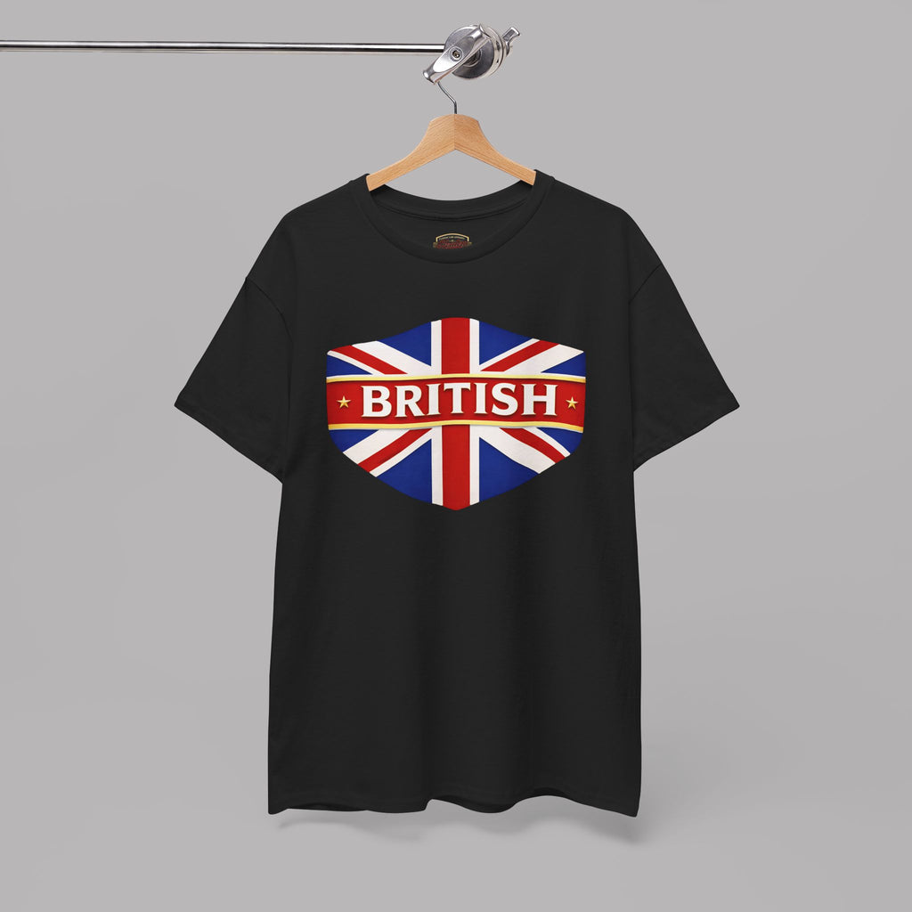 Black t-shirt with British flag design on a hanger against a gray background