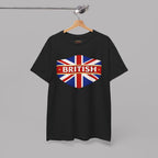 Black t-shirt with British flag design on a hanger against a gray background