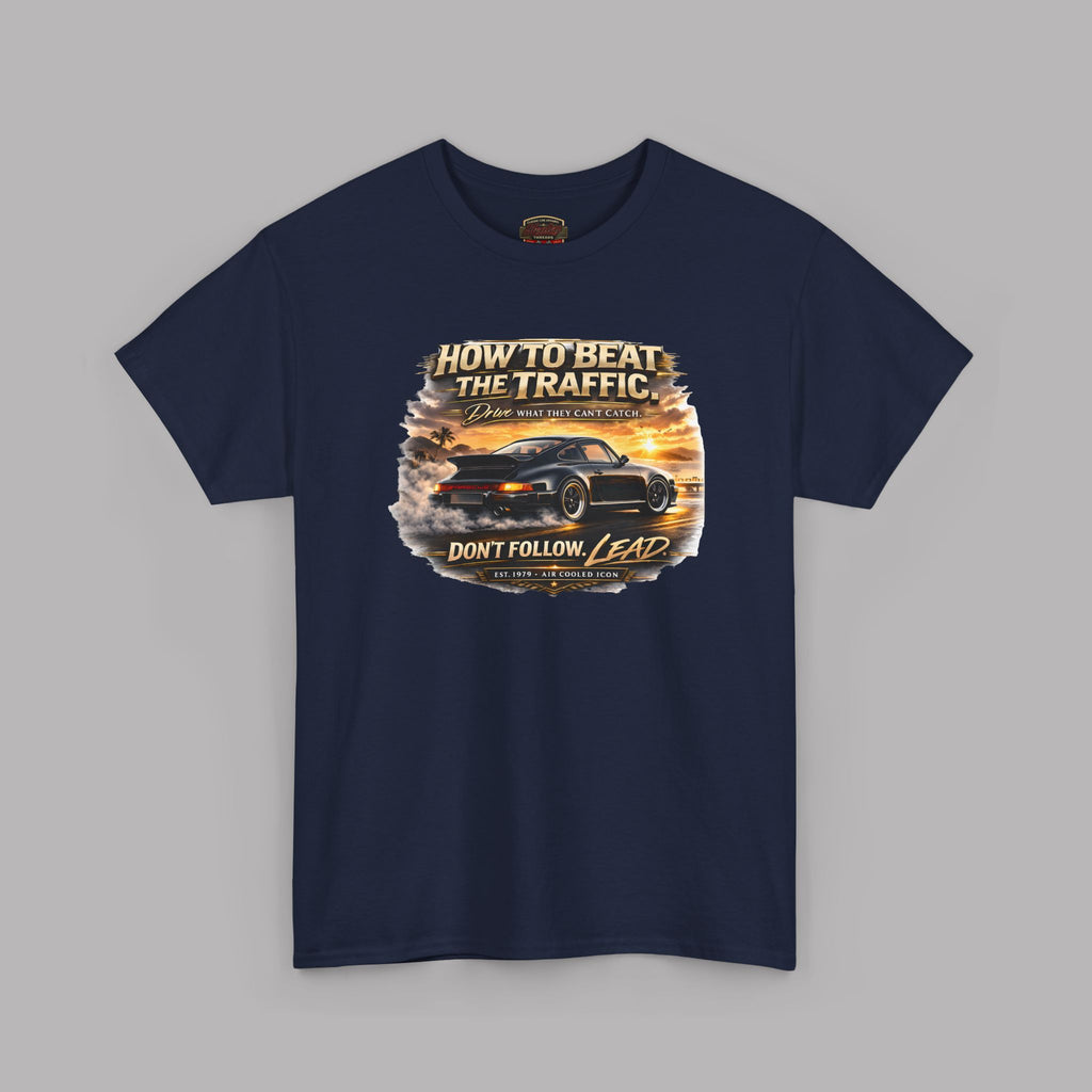 Navy blue t-shirt with a classic car graphic design on a gray background