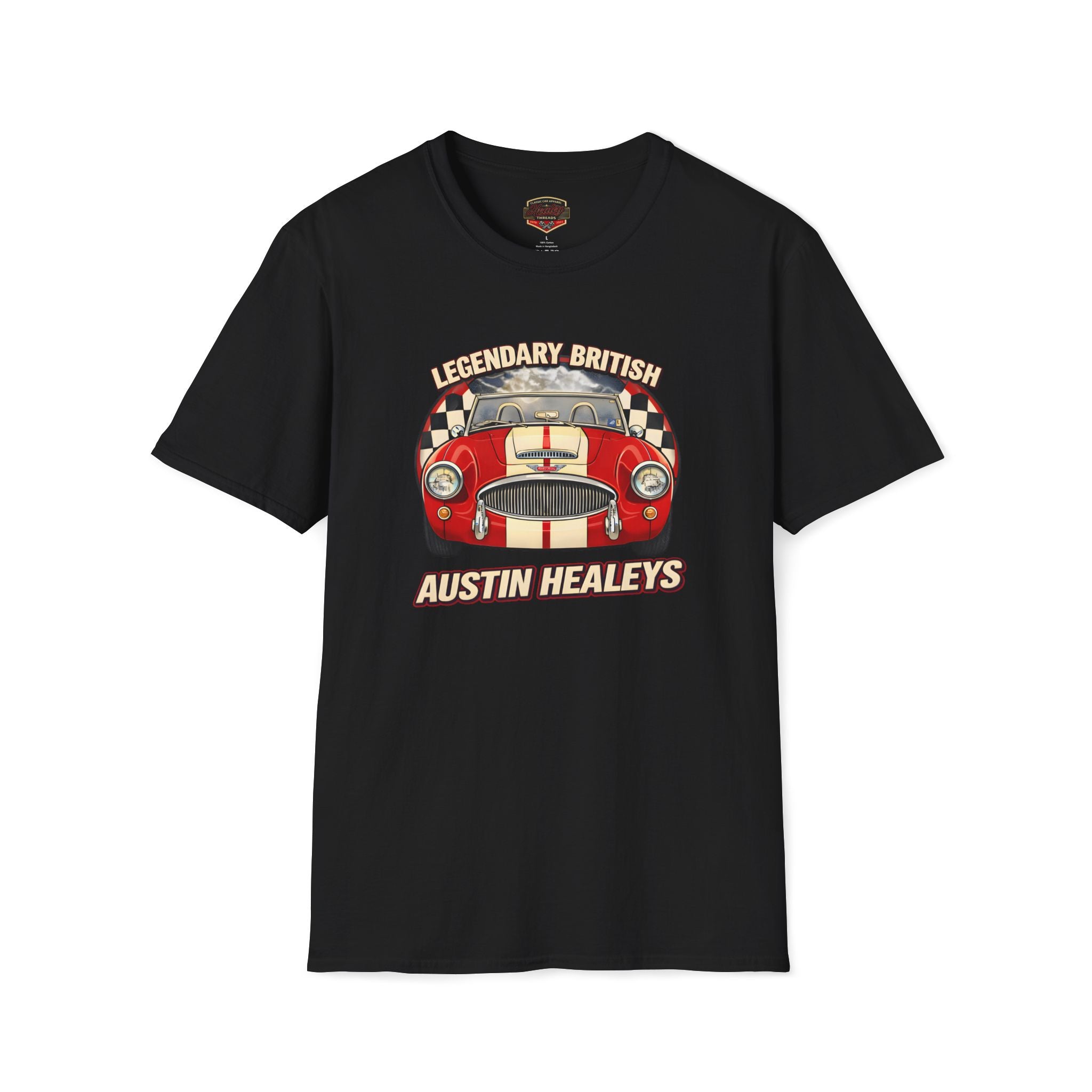 Black t-shirt with a red car graphic and 'Legendary British Austin Healeys' text on a white background