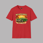 Red t-shirt with a graphic of a green classic car, palm trees, and 'No Apologies' text on a gray background.