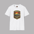 White t-shirt with a graphic car design on a gray background