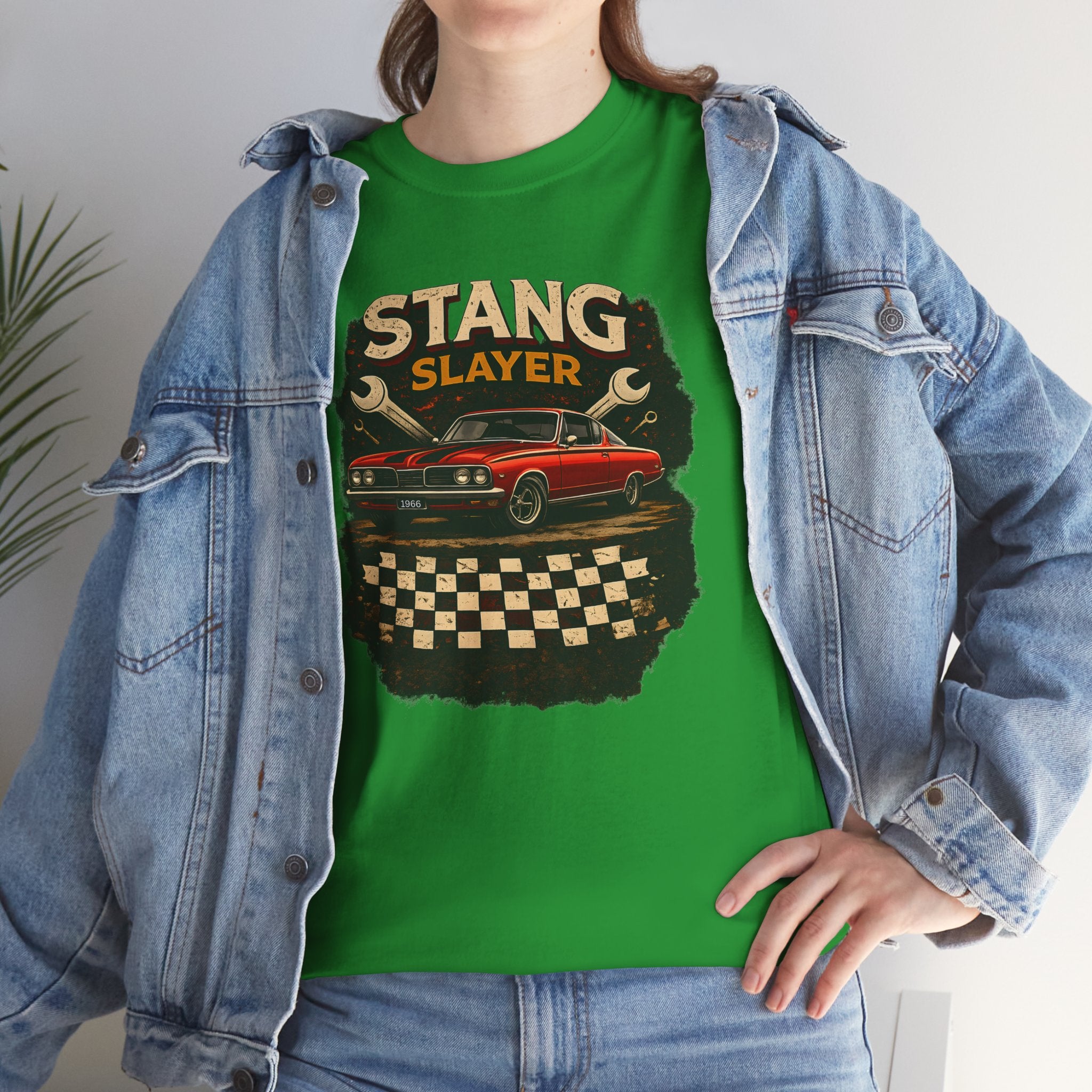 Person wearing a Irish green t-shirt with 'Stang Slayer' graphic design, standing against a neutral background.