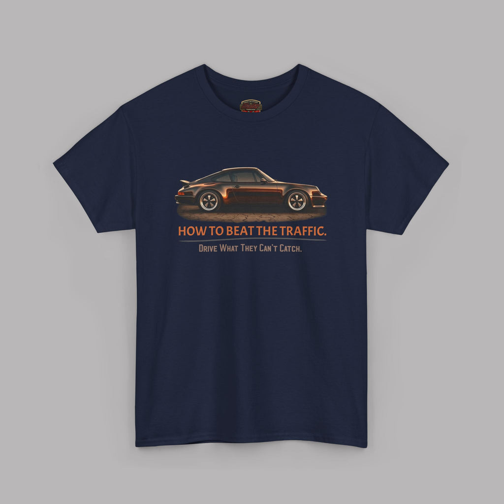 Navy blue t-shirt with a car graphic and text on a gray background