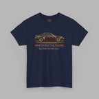 Navy blue t-shirt with a car graphic and text on a gray background
